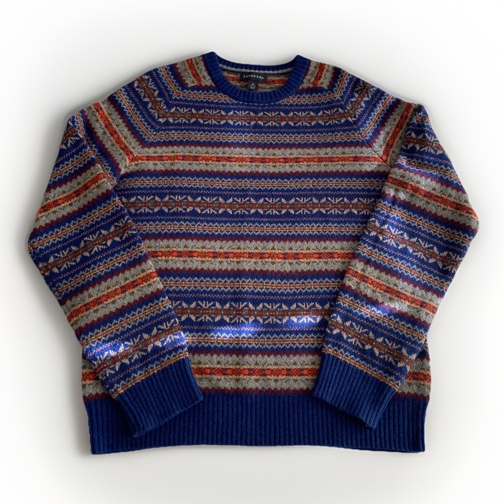 Lands' End Merino Wool Cotton Sweater Blue Fair Isle Nordic Men's Large Premium